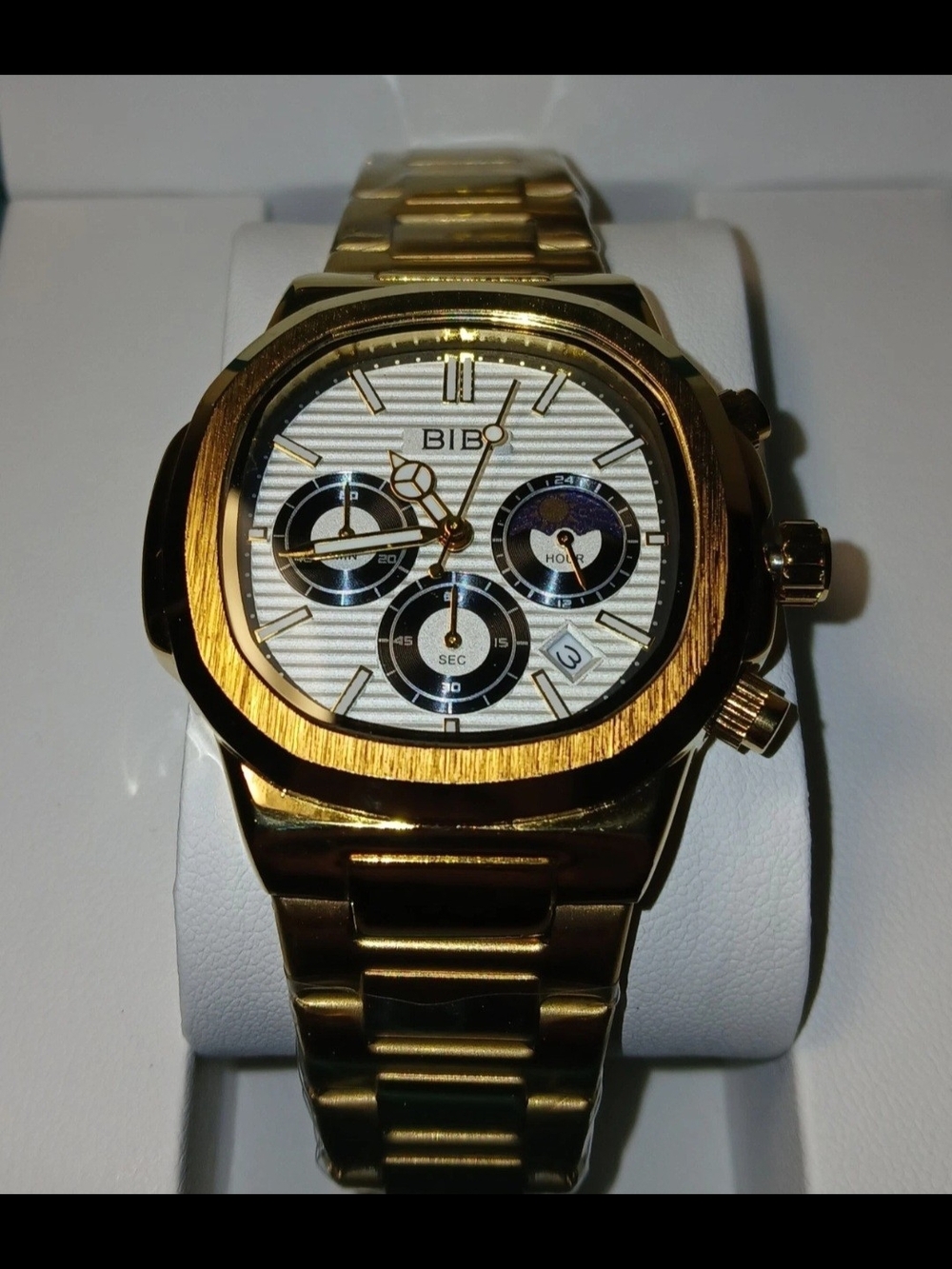 ​BIBI Mens Gold Tone Watch Quartz Chronograph Date Octagon Case New With Box